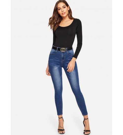 Bleach Wash Skinny Jeans Without Belted