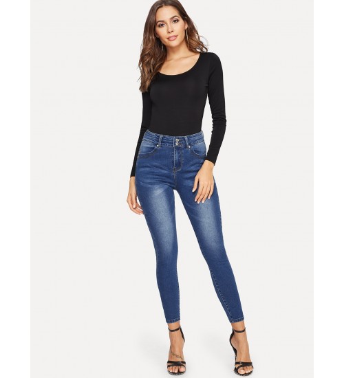 Bleach Wash Skinny Jeans Without Belted