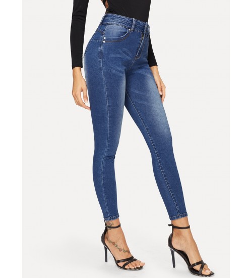 Bleach Wash Skinny Jeans Without Belted