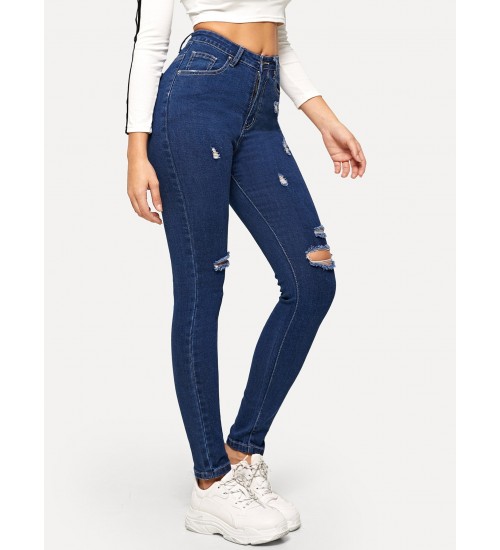 Contrast Stitch Ripped Detail Skinny Jeans