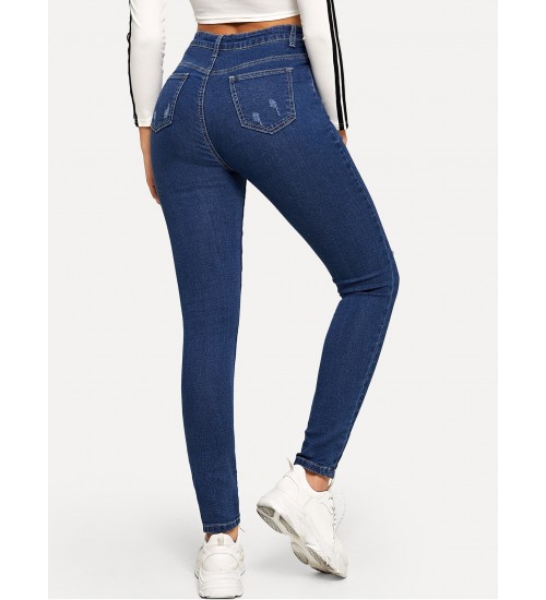 Contrast Stitch Ripped Detail Skinny Jeans