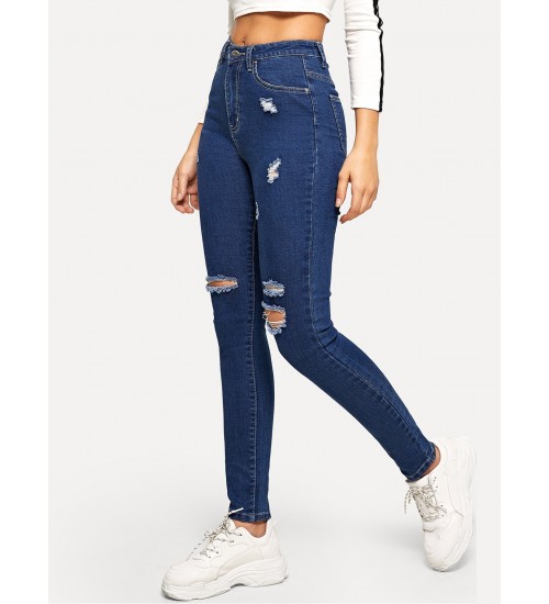 Contrast Stitch Ripped Detail Skinny Jeans