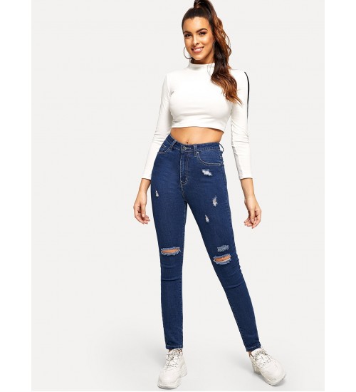 Contrast Stitch Ripped Detail Skinny Jeans