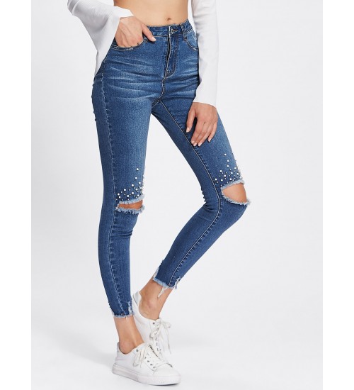 Pearl Beading Destroyed Raw Cut Hem Jeans