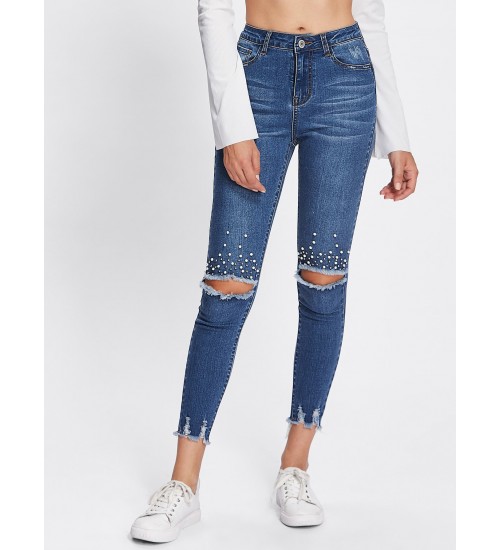 Pearl Beading Destroyed Raw Cut Hem Jeans