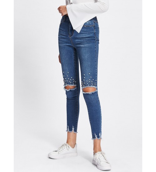 Pearl Beading Destroyed Raw Cut Hem Jeans