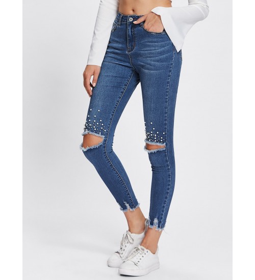 Pearl Beading Destroyed Raw Cut Hem Jeans