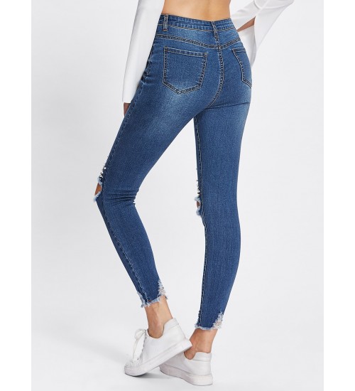 Pearl Beading Destroyed Raw Cut Hem Jeans