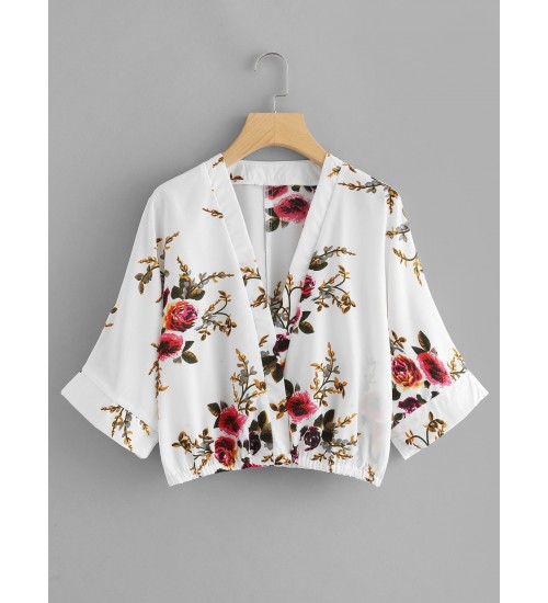 Floral Print Kimono Sleeve Blouse