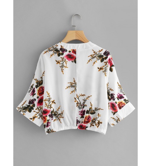 Floral Print Kimono Sleeve Blouse