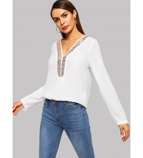 Contrast Sequin V-neck Top