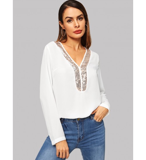 Contrast Sequin V-neck Top