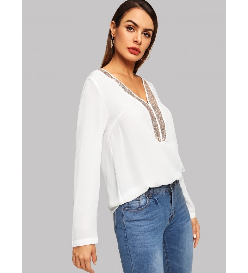 Contrast Sequin V-neck Top