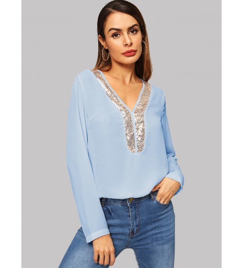 Sequins Contrast V-neck Top