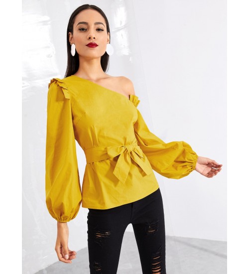 Asymmetric Shoulder Bishop Sleeve Top