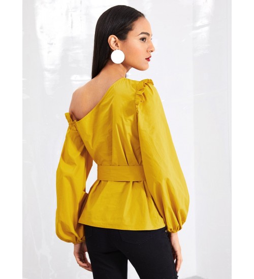 Asymmetric Shoulder Bishop Sleeve Top