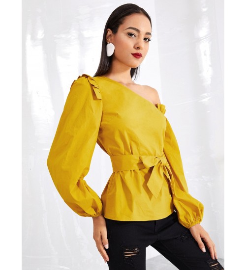 Asymmetric Shoulder Bishop Sleeve Top