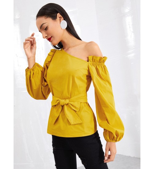 Asymmetric Shoulder Bishop Sleeve Top