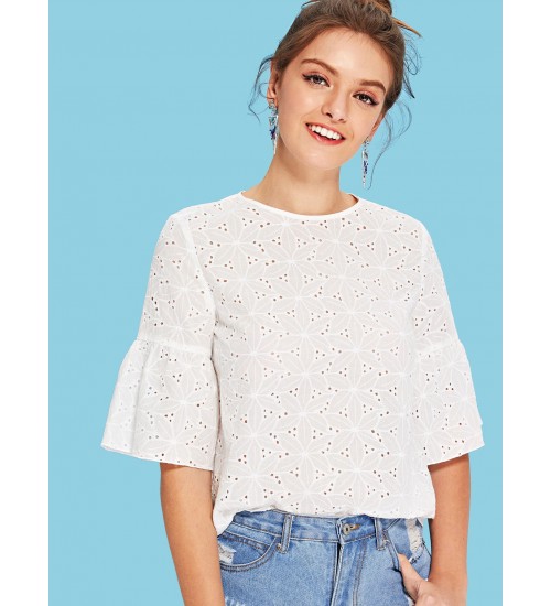 Flounce Sleeve Eyelet Top