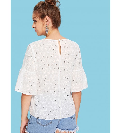 Flounce Sleeve Eyelet Top