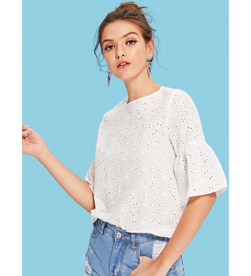 Flounce Sleeve Eyelet Top