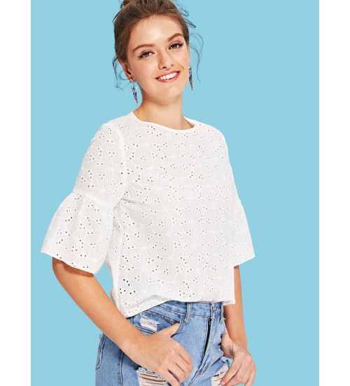 Flounce Sleeve Eyelet Top