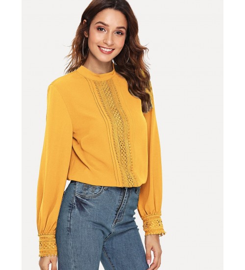 Mock Neck Lace Trim Top