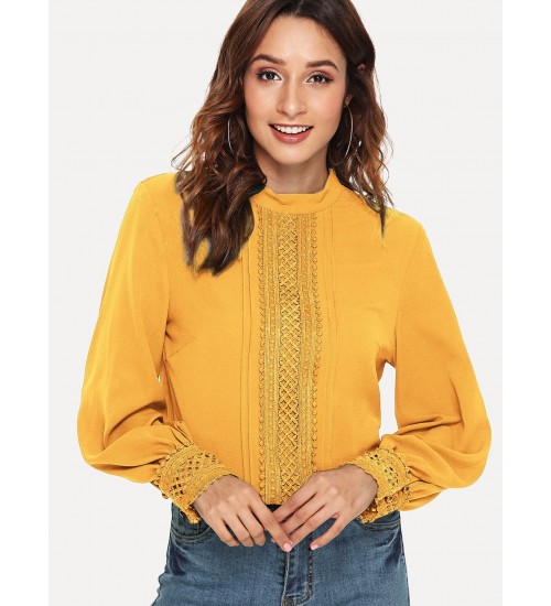 Mock Neck Lace Trim Top