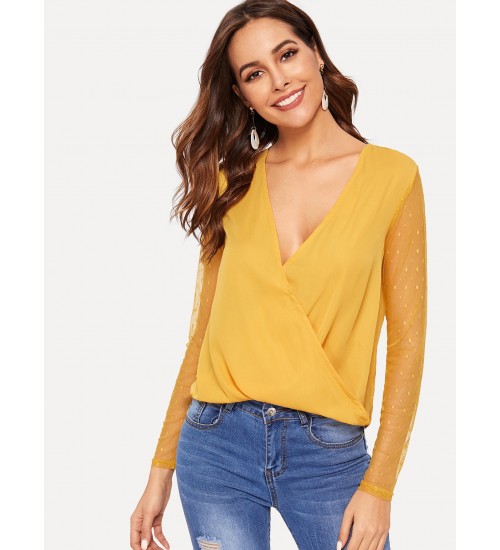 Dot Mesh Sleeve Wrap Blouse