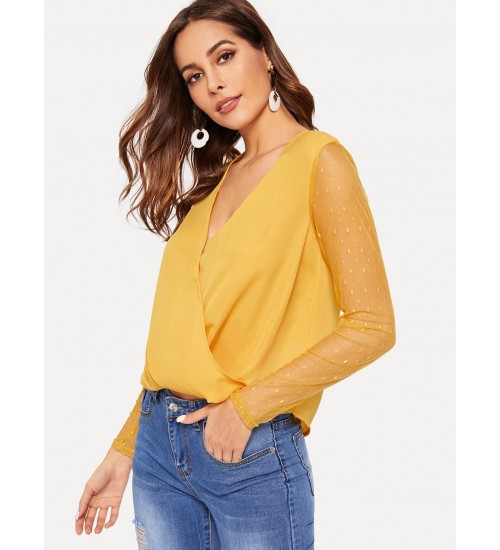 Dot Mesh Sleeve Wrap Blouse