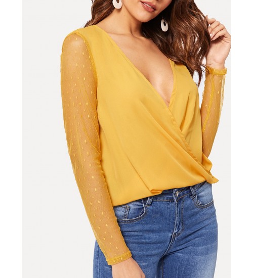 Dot Mesh Sleeve Wrap Blouse