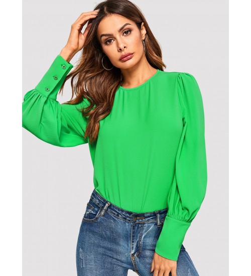 Buttoned Cuff Solid Blouse