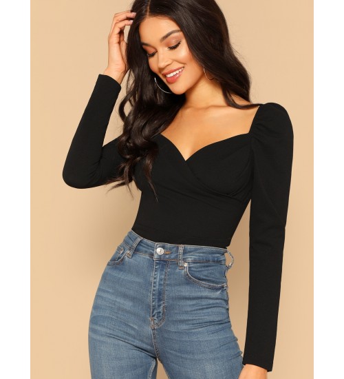 Zip Back Puff Sleeve Form Fitted Wrap Sweetheart Top