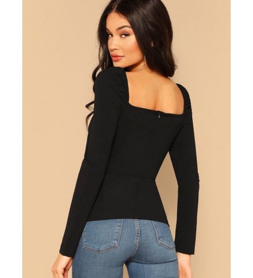 Zip Back Puff Sleeve Form Fitted Wrap Sweetheart Top