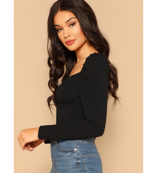 Zip Back Puff Sleeve Form Fitted Wrap Sweetheart Top