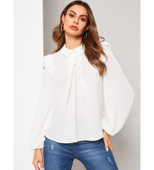 Ruffle Pleated Foldover Front Lantern Sleeve Top