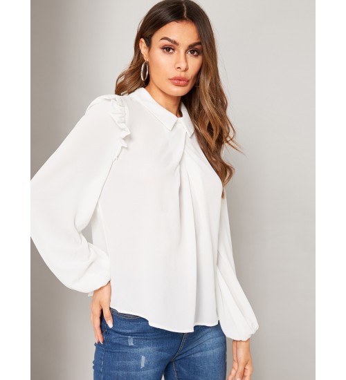 Ruffle Pleated Foldover Front Lantern Sleeve Top