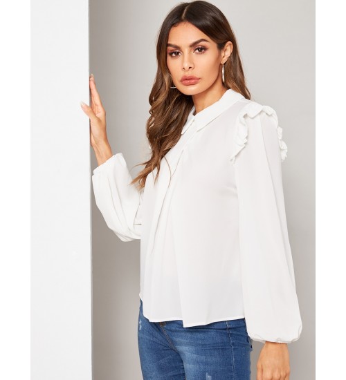 Ruffle Pleated Foldover Front Lantern Sleeve Top