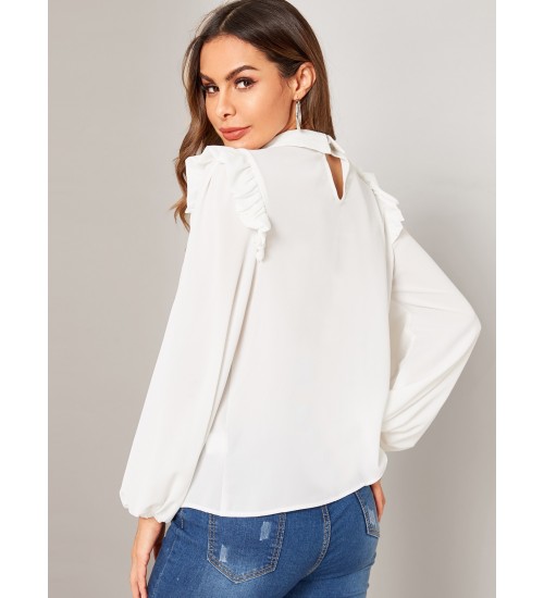 Ruffle Pleated Foldover Front Lantern Sleeve Top