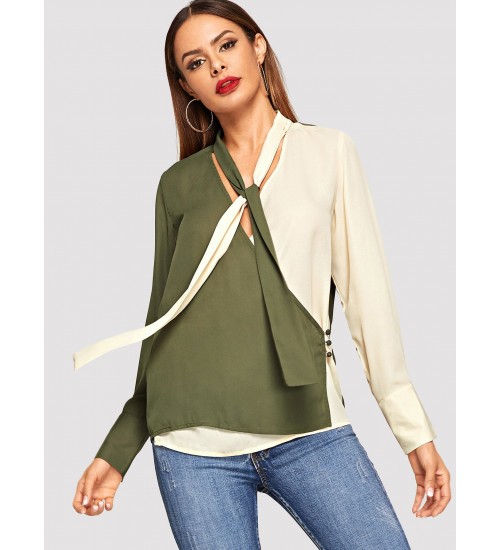 Two Tone Tie Neck Wrap Shirt