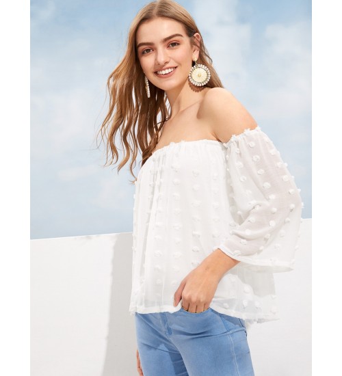 Off-The-Shoulder Dot Jacquard Chiffon Blouse