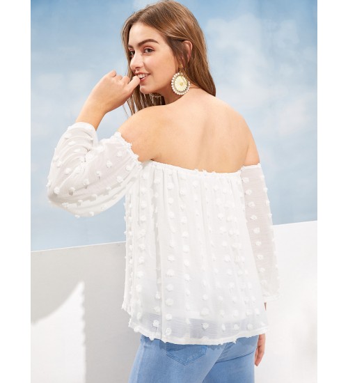 Off-The-Shoulder Dot Jacquard Chiffon Blouse