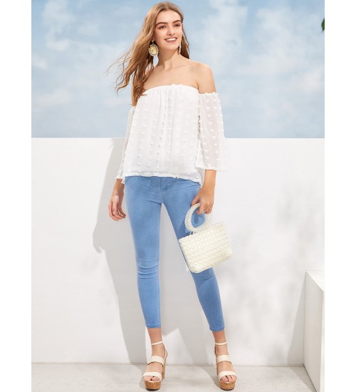 Off-The-Shoulder Dot Jacquard Chiffon Blouse