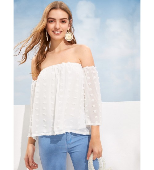 Off-The-Shoulder Dot Jacquard Chiffon Blouse