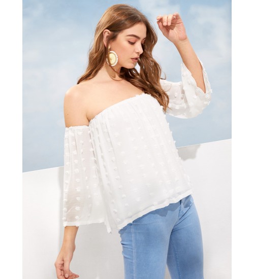 Off-The-Shoulder Dot Jacquard Chiffon Blouse