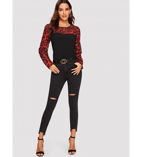 Semi Sheer Leopard Yoke Top