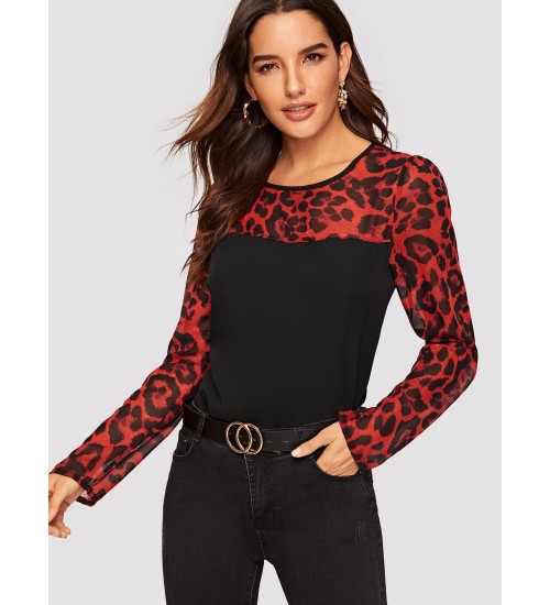 Semi Sheer Leopard Yoke Top