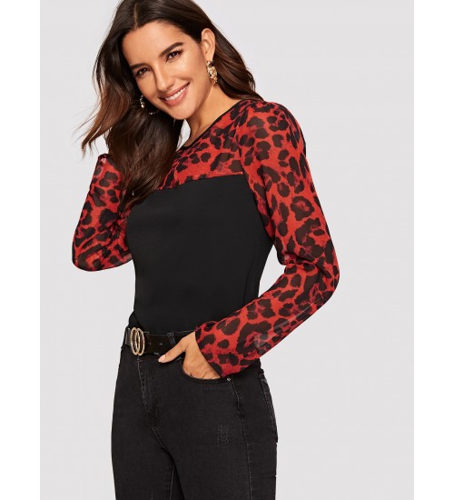 Semi Sheer Leopard Yoke Top