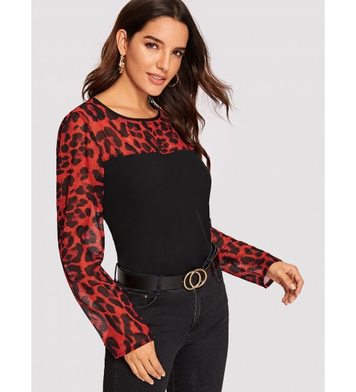 Semi Sheer Leopard Yoke Top