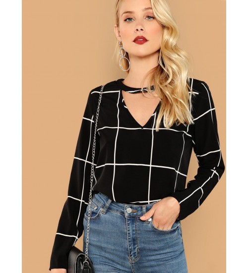 Choker Neck Grid Top